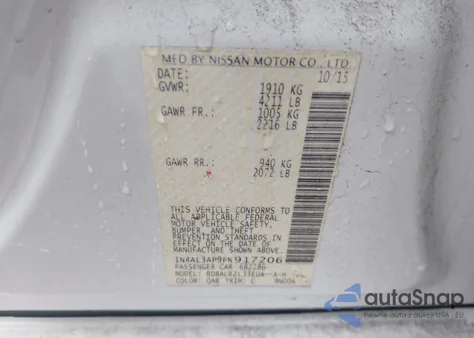 2015 Nissan Altima 2.5 Sl z USA, uszkodzony, nr VIN 1N4AL3AP9FN917206